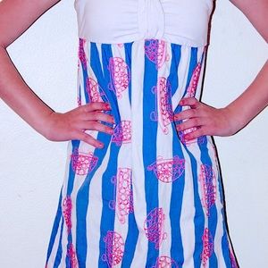 LILLY PULITZER SIZE 10 GIRLS TURTLES ON BLUE AND WHITE STRPES DRESS
